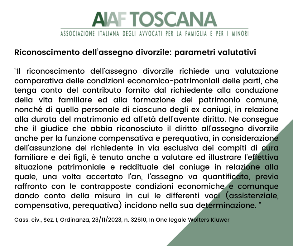 Riconoscimento dell’assegno divorzile: parametri valutativi